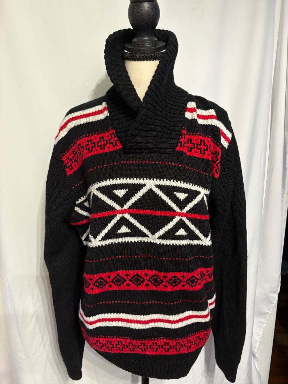 Women’s Chaps Preppy Black, Red & White Patterned Turtleneck/Cowl Sweater SZ L
